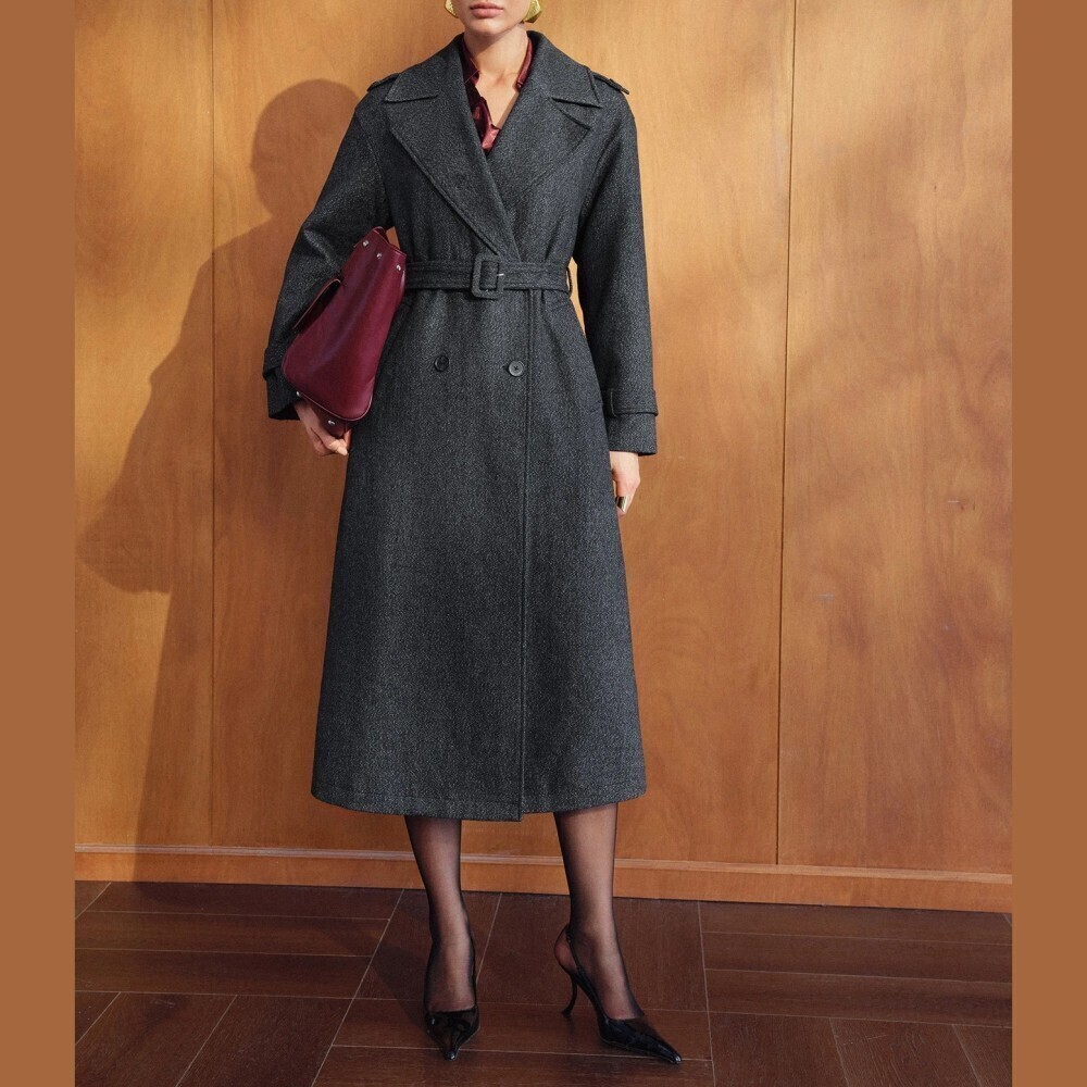 Charcoal Gray Belted Double Breasted Midi Trench Coat